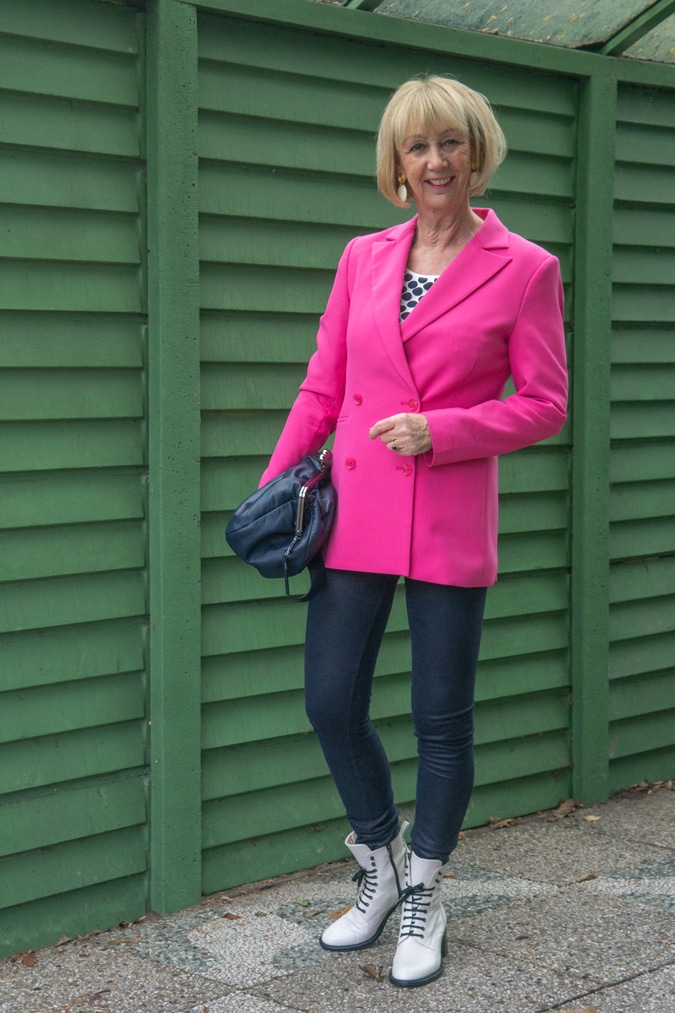 Bright pink blazer with blue leggings - No Fear of Fashion