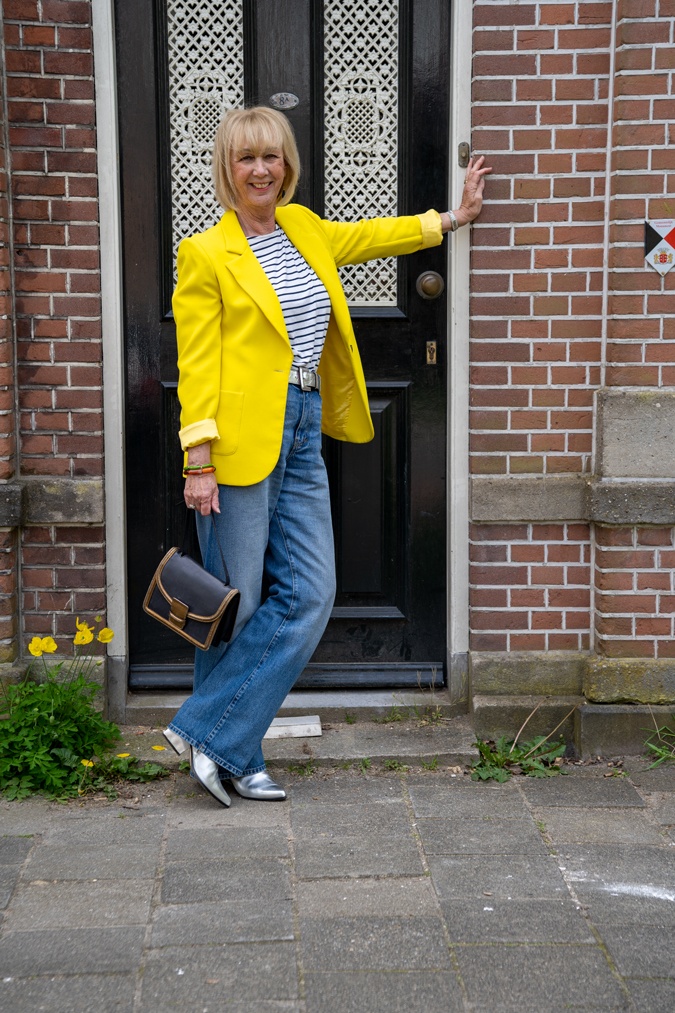Yellow blazer with wide leg jeans
