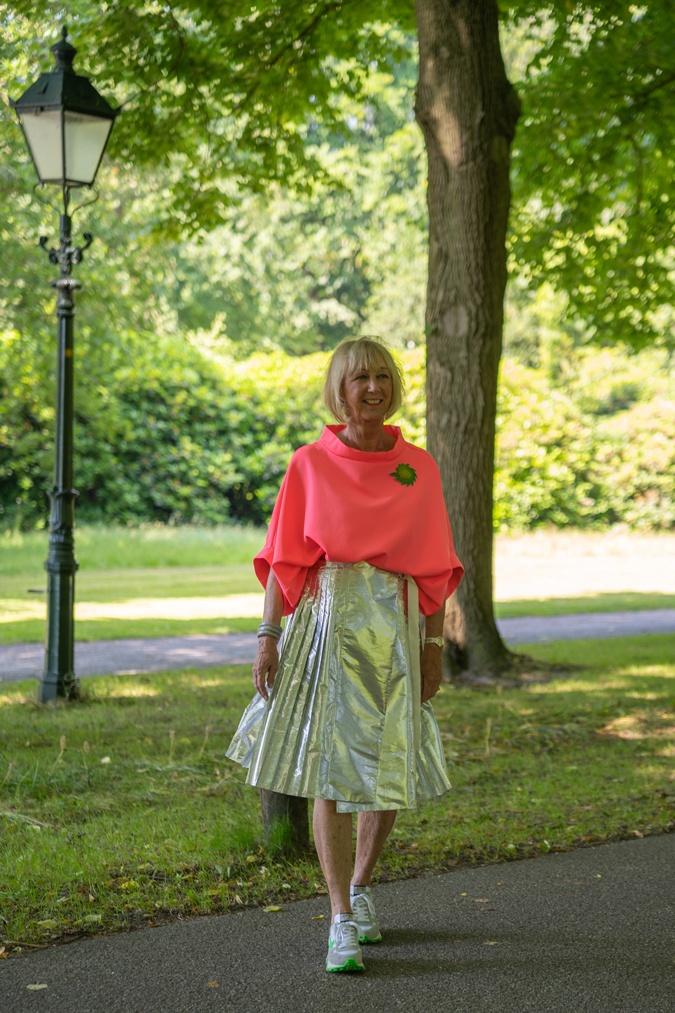 Silver skirt with neon pink top