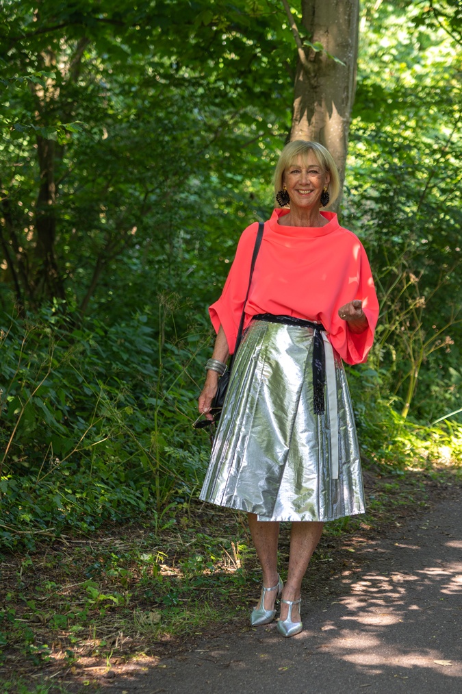 Silver skirt with neon pink top